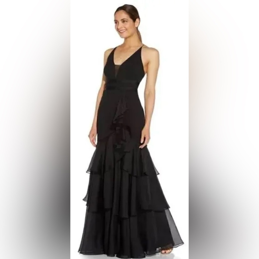 Elegant Halter Black Tiered Mermaid gown dress size US 2